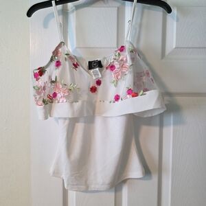 Chic White Camisole with Pink Floral Embroidery